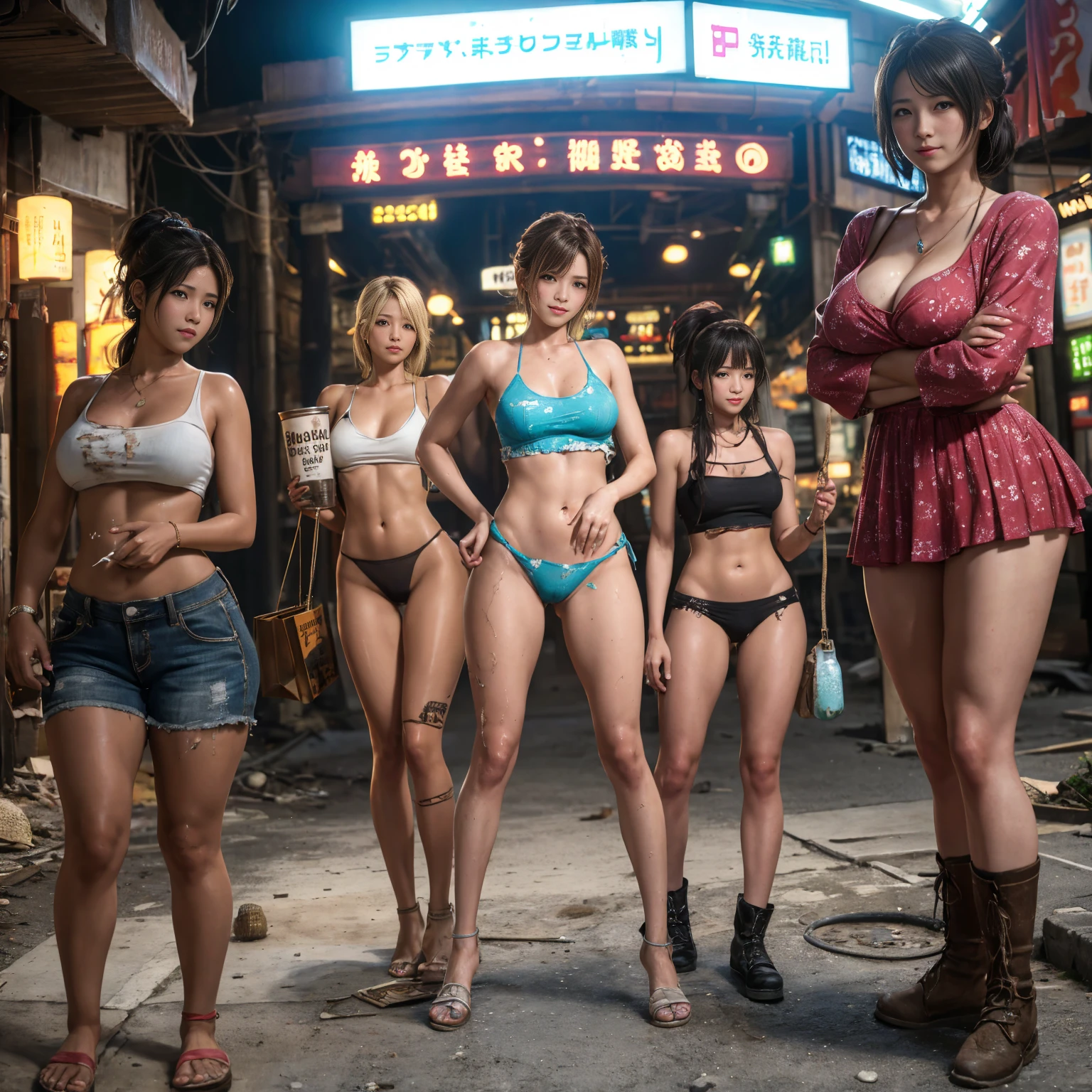 ((masterpiece、Highest quality))、Beautiful girls gather.、Three girls in summer clothes、(Detailed and cute face:1.3)、(Poor conditions、Dim and unsanitary、Standing Bar、みんなで楽しくdiet、Crumbling underground shopping mall、Showa Retro)、(:0.6、Puss)、屋台のdiet店、stage、sewage、Dirty shop、street vendors、Unsanitary and abandoned city、smile、diet、Poor person々