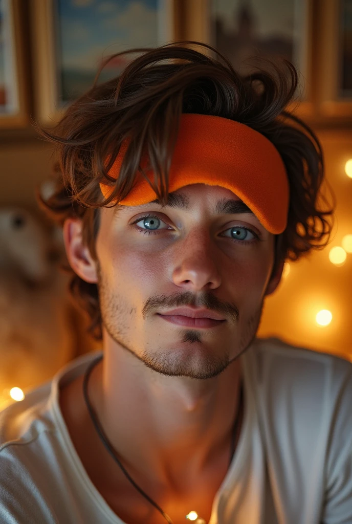 Man young man、Brown Hair、Hair splashed outside、blue eyes、Sleepy look、Orange eye mask on the forehead、character