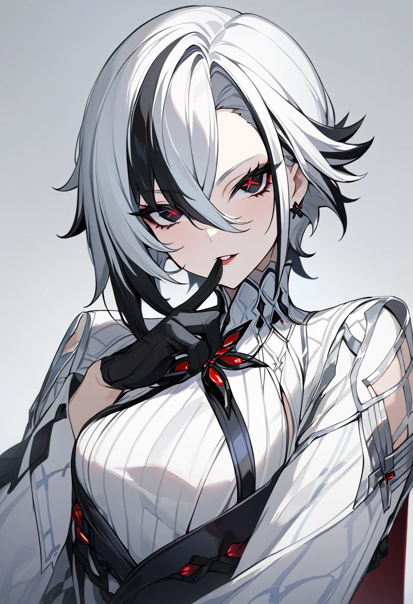 best quality, masterpiece,lora:arlecchino_new:1>ï¼parted_lips, sidelocks, turtleneck, black_gloves, x-shaped_pupils, :d, looking_at_viewer, simple_background, highres, english_commentary, finger_to_mouth, index_finger_raised, solo, grey_background, 1girl, arlecchino_\(genshin_impact\), long_sleeves, absurdres, full body