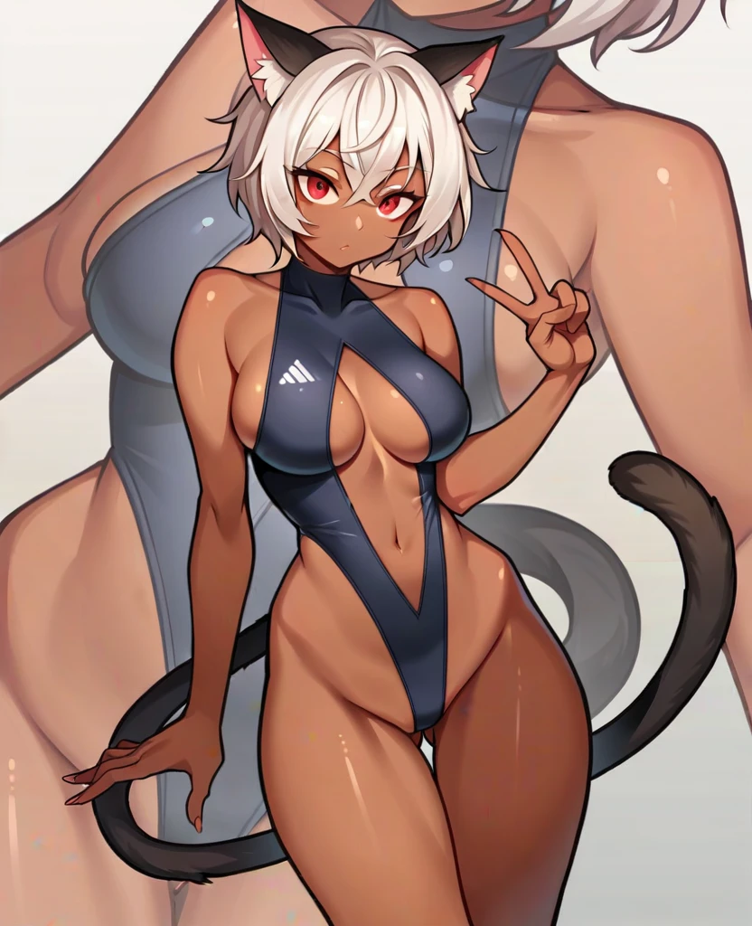 1 person,Solo,Breasts,Looking at viewer,Short hair,Big breasts,Red eyes,Navel,Animal ears,Tail,Swimsuit,White hair,Thighs,Cat ears,Dark brown skin,Dark brown skin female,Cat tail,Zoom layer,Swimsuit,V-shaped swimsuit,Swimsuit with tiny fabric,Lots of skin exposure,Exposing navel,No underwear except for ultra-thin V-front micro plunge,((Only ultra-thin V-front micro plunge)),((Only black ultra-thin V-front micro plunge))