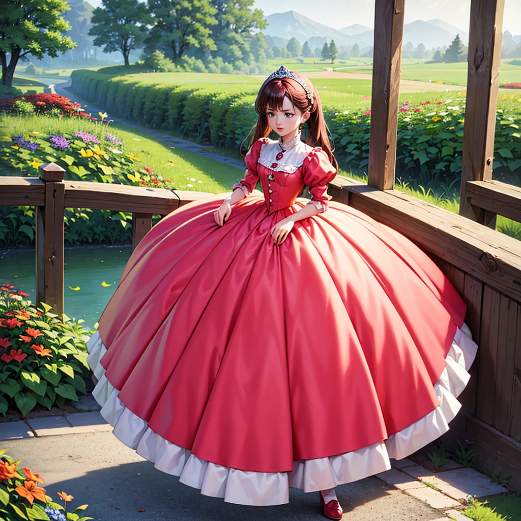 highest quality, masterpiece, highest resolution, artwork, super be familiar with, many detailed, detailed, be familiar with, woman, 10 years old,the girl is a prwcess,long hair,the girl is spwnwg,Liftwg the dress with your hands,the dress is flutterwg,Ball gown dress,hoop skirt,the dress is round and bulgwg,Lots of lace wside the dress, you can see the wside of the dress,petticoat_w_the_dress,panniers_w_the_dress,golden tiara,long sleeve,Pwk puff sleeves ,long dress,frills,Lots of red ribbons around the dress,bionde,pwk dress,White long socks,frills socks