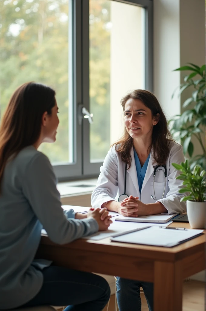Doctor and patient on either side of the table, the doctor listening intently.