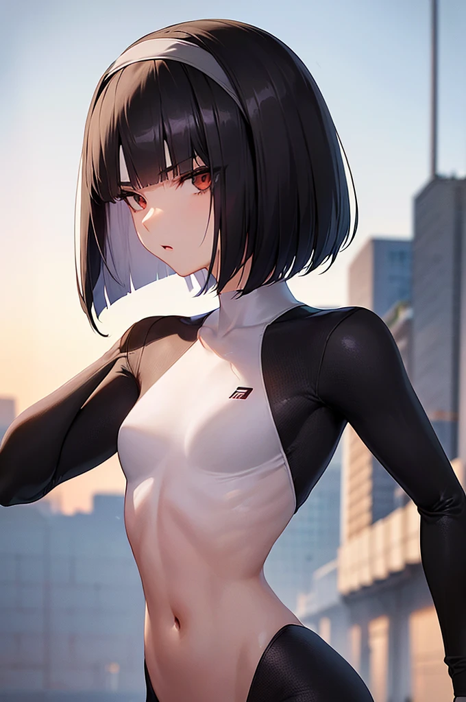 masterpiece, best quality,anime style, 1 girl,(((slender body))), (((small eyes))),(((athlete suit))), (beautiful face), (((bob cut,headband))), (((straight hair))), ((((black hair)))),detailed beautiful skin, (perfect hands, perfect anatomy),scream