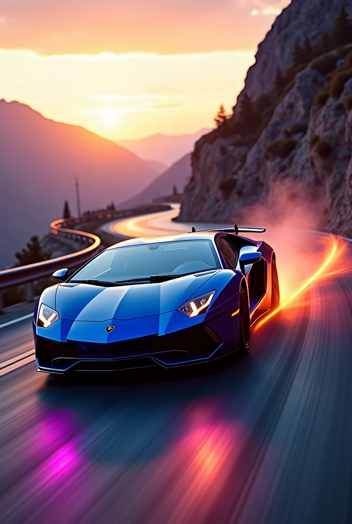 Capture the essence of speed and luxury with a Lamborghini Aventador racing through a winding mountain road at dusk. Showcase its (sleek:1.3) and (aerodynamic:1.2) silhouette, (striking:1.1) angular design, and (glossy:1.1) paint. Illuminate the scene with vibrant colors and dynamic lighting to convey a sense of exhilaration.