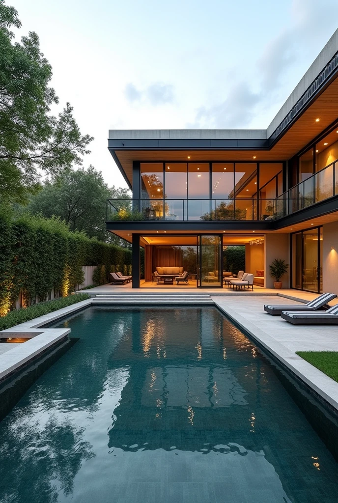 Here’s a prompt for creating a modern and realistic home design picture:
"Design a modern and realistic home situated on a 10,000 square feet property. The home features sleek, contemporary architecture with large glass windows, clean lines, and a minimalist aesthetic. In the backyard, there is a luxurious swimming pool surrounded by a stylish deck with sun loungers and a small seating area. Within the boundary wall, there is a beautifully landscaped mini park, complete with manicured lawns, small flowering trees, and stone pathways. The park also includes cozy benches and a small water feature, creating a serene outdoor retreat. The overall design emphasizes open space, natural light, and a harmonious connection between the indoor and outdoor environments."