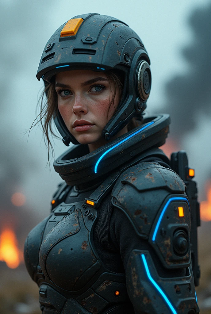 (Close up), score_9,score_8_up,score_7_up, 1girl (Beautiful face), ((extremely realistic photo)), (RAW photo, best quality), (realistic, photo-Realistic:1.3), best quality, masterpiece, beautiful and aesthetic, 16K, (HDR:1.4), high contrast, (vibrant color:1.4), (muted colors, dim colors, soothing tones:0), cinematic lighting, ambient lighting, sidelighting, Exquisite details and textures, cinematic shot, Warm tone, (Bright and intense:1.2), wide shot, ultra realistic illustration, siena natural ratio, Art by Luis Royo and Gustave Moreau, (((Full Body))), ((facing viewer)),1Girl (Emma Watson, Gal Gadot, Beautiful face, Sexy Supermodel),Illustrate an epic scene of an XCOM soldier in heavy armor, prominently hand holding a heavy sniper gun, breaking into a battlefield from a futuristic dropship. The armor features detailed wear and glowing blue lines. The dropship's ramp is down, with interior lights highlighting the soldier. Enemies are fighting in the chaotic, smoke-filled battlefield under a dark, stormy sky, adding tension and intensity, Inspire by XCOM game art, FuturEvoLabMecha