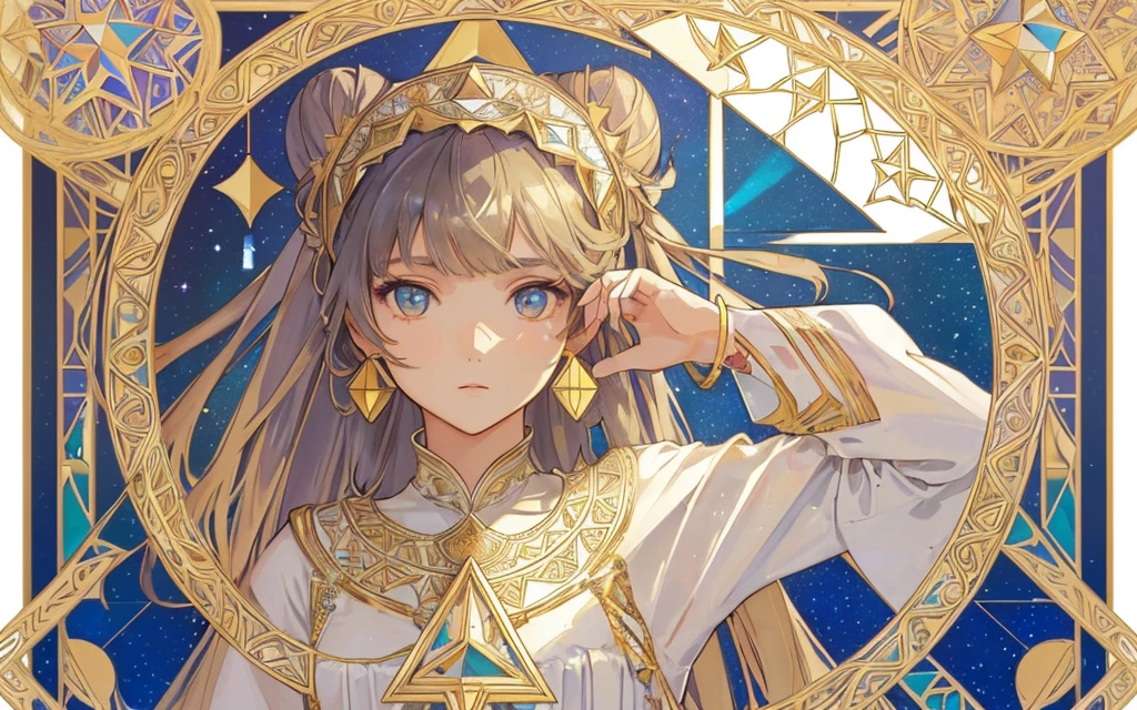 1 girl, (masterpiece, highest quality, highest quality, beautiful and aesthetic: 1.2), (1 girl: 1.3), lots jewelry, delicate clothing, square picture frame, ((face)), sharp pupils, cool face, Alphonse Mucha's, Traditional Arab dress, color hairstyle, Ultra-detailed, Soft Light, Gentle colors, solo, Bun Hair, dynamic, (((geometric star patterns in the background))), face