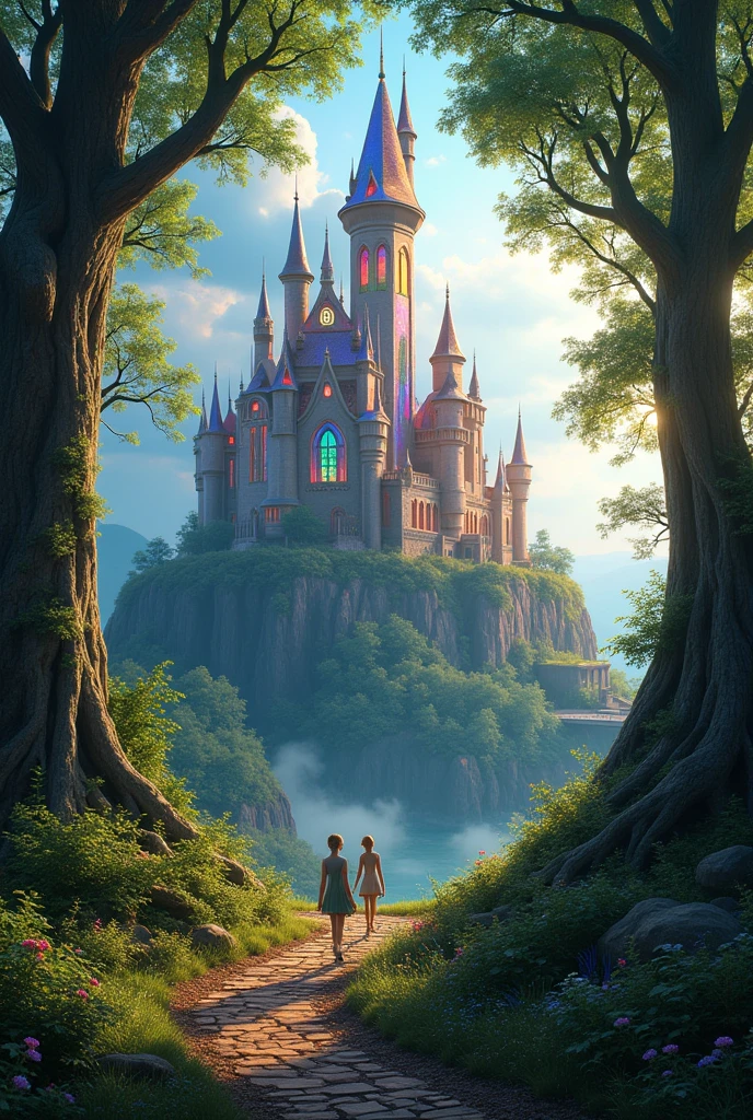 enchanted princess castle, fantasy kindle in the woods, rainbow colors