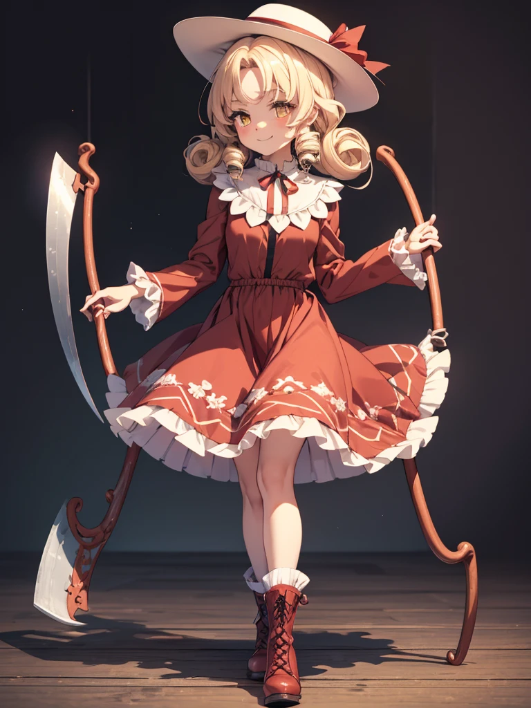 a drawing of an anime character in a red dress and boots with a large scythe, ((high end)), (UHD picture), (best quality,4k,8k,highres,masterpiece:1.2), top-quality(​masterpiece), top-quality, ultra-detailed, highly detailed texture, intricate details, high quality textures, masterpiece, best quality, perfect quality, perfect anatomy, perfect body, perfect symmetrical face, perfect hands, perfect feet, (two arms:1.2), (two legs:1.2), (five fingers each:1.2), (perfect joint:1.2), perfect joint movement, precise fingers and hands, 1 beautiful girl, 1 girl, alone, solo, , , (((loli))), ((cldish)), hat, white hat, blonde hair, long hair, parted bangs, drill hair, well-formed face, yellow eyes, maxi dress, red dress, dress, long sleeves, frills, long skirt, simple background, scythe, holding scythe, holding, white socks, smile, cute face, beautiful, holding scythe