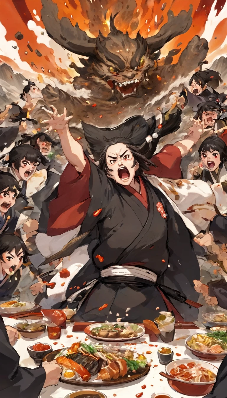 The samurai shouting across the banquet table, face contorted with rage, as food and drink spill, the whole scene charged with aggressive energy, like a volcano about to erupt