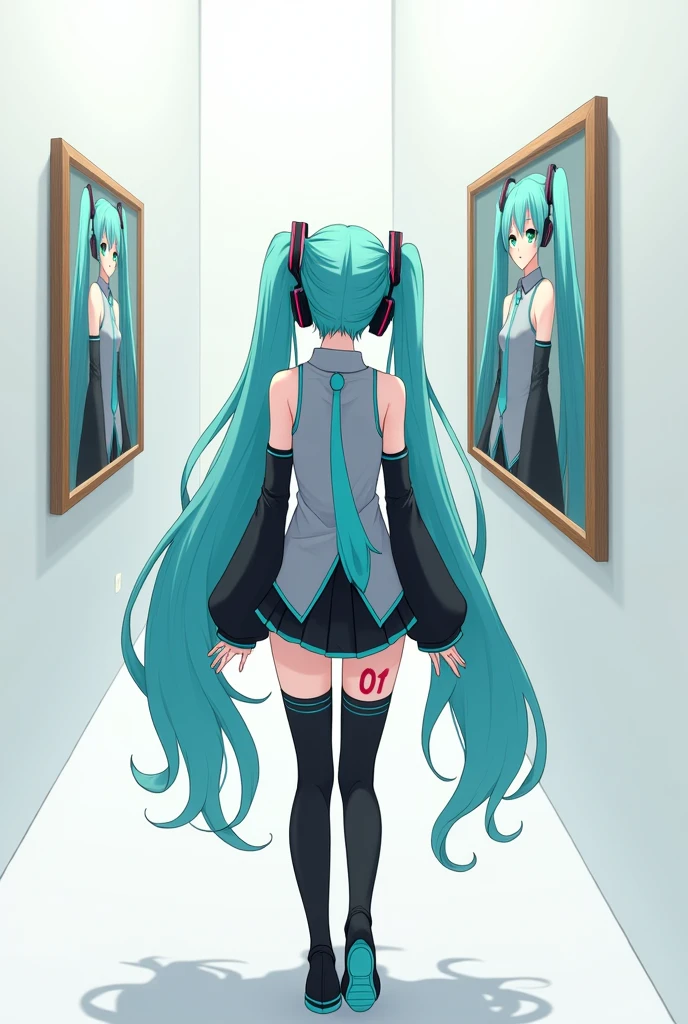 Anime art, anime style, detailed drawing, white background, high definition, high quality, one girl, solo, Hatsune Miku, aqua hair, twin tails, head ornament, headphones, number tattoo "01" (red, located on her left hand), grey sleeveless collared shirt, black detached sleeves with aqua lines, five fingers with aqua nails, aqua necktie, black pleated mini skirt with aqua lines, zettai ryouiki, thigh-high black boots with aqua lines.
Anime art, anime style, detailed drawing, white background, high definition, high quality, one girl, solo, Hatsune Miku, aqua hair, twin tails, head ornament, headphones, number tattoo "01" (red, located on her left hand), grey sleeveless collared shirt, black detached sleeves with aqua lines, five fingers with aqua nails, aqua necktie, black pleated mini skirt with aqua lines, zettai ryouiki, thigh-high black boots with aqua lines.
Miku Hatsune in the museum is looking at a painting herself on the wall.