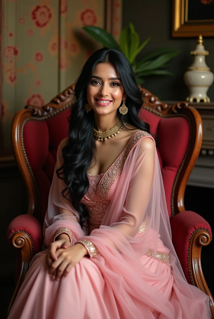 A beautiful indian women with big boobs her skin is white wearing a pink colur  slawar and kameez sitting in a chair show off her big butt from behind