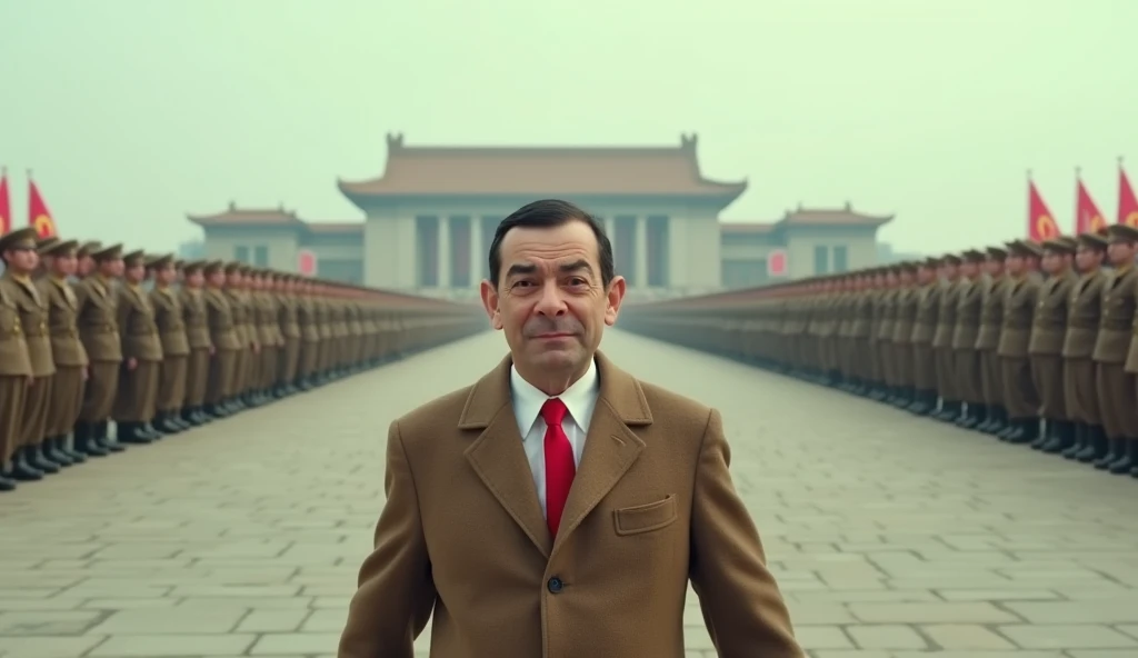Mr. Bean, wearing his usual brown tweed jacket and red tie, finds himself in the highly controlled and surreal environment of North Korea. The backdrop features the iconic architecture of Pyongyang, with grandiose government buildings, large statues, and wide, empty streets. Mr. Bean, looking confused and out of place, stumbles while trying to interact with a group of serious North Korean soldiers who stand stoically in the background. His silly antics, such as accidentally saluting the wrong way or tripping over a propaganda poster, create an awkward yet comedic atmosphere. The color palette is more muted, reflecting the rigid atmosphere of North Korea, but Mr. Bean's exaggerated facial expressions and clumsy movements bring a lighthearted and humorous contrast to the otherwise serious setting, capturing the essence of a 2007 slapstick comedy film.