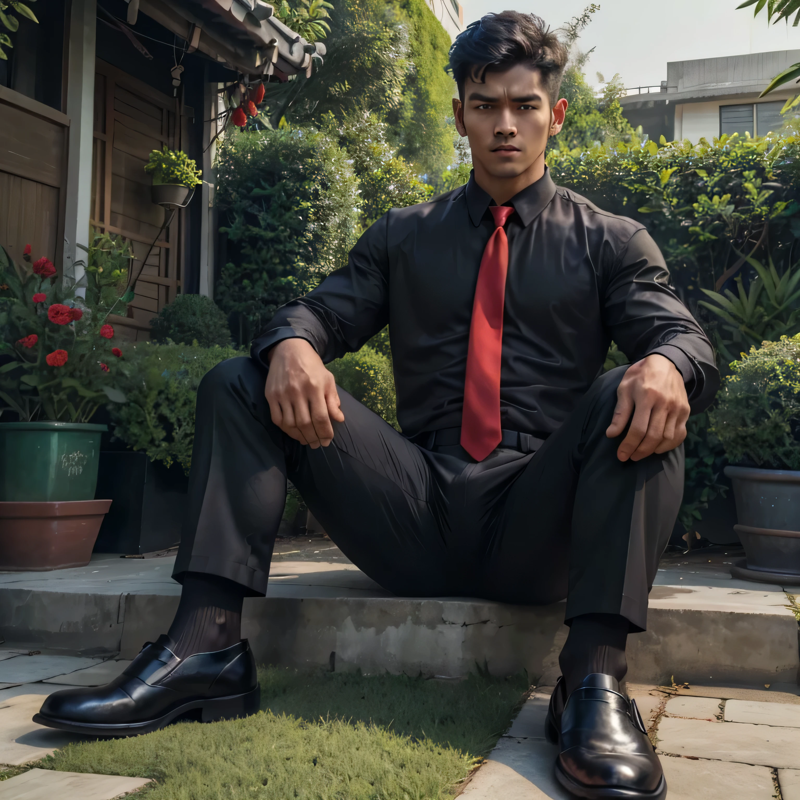 29-year-old,One Man,、Handsome。Black Shirt、Red tie、、Dhaka - Fighters、Lookout、garden。The shade on the lawn、logic,Gay ,Very short hair、　,Asian Face,、　Handsome　　　Menacing look　　　Black socks