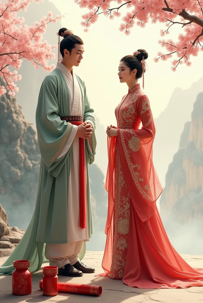 A young Chinese bodyguard stands beside a Chinese woman in a traditional Chinese painting style. There is a red divination tube and a large red divination stick next to them.