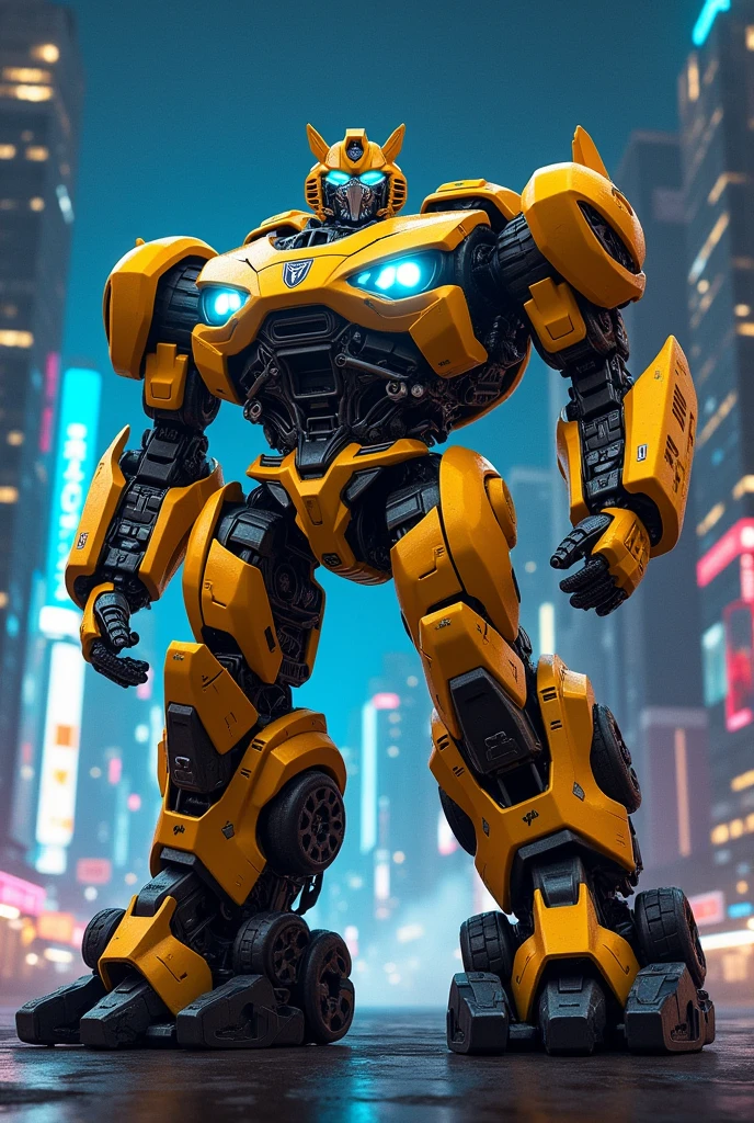 Image description: "A Transformer inspired by a bright yellow Jeep Renegade, with mechanical details that highlight its transformation from car to robot. The Transformer has robust, futuristic features, with Jeep parts clearly visible in its design, like the wheels on its shoulders and the headlights on its chest. The environment is a futuristic city with metallic skyscrapers and a dark sky