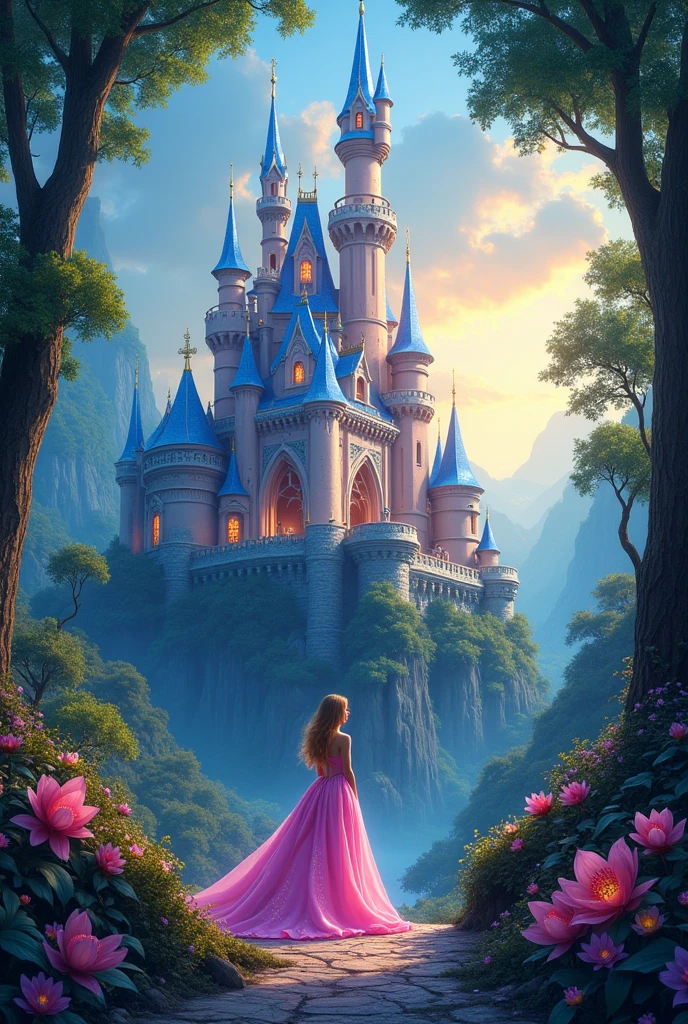 enchanted princess castle, fantasy kindle in the woods, rainbow colors