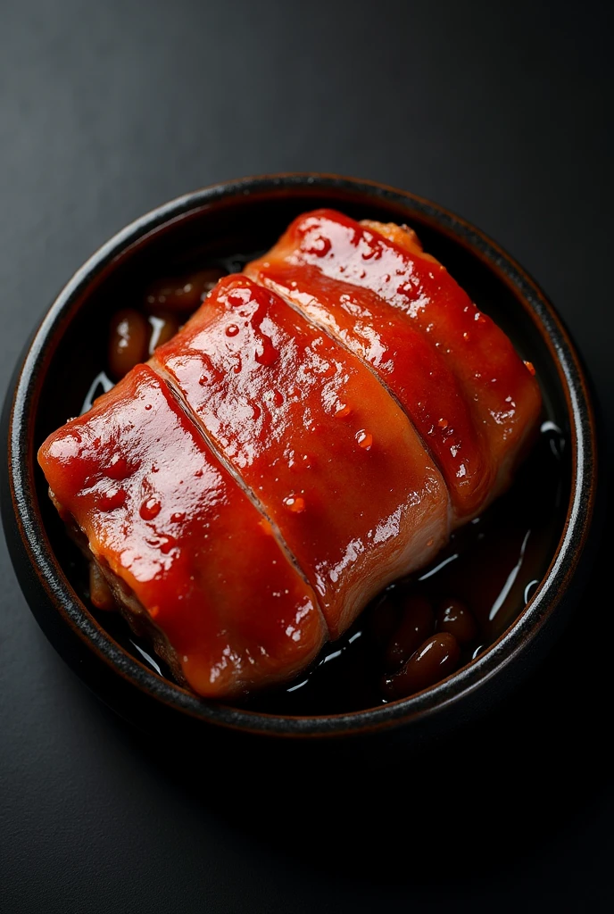 A large piece of Dongpo pork is sitting in a black ceramic pot.,simple,Movie Lighting,专业photography,Studio Lighting,Black desktop background,photography,Intricate details,Ultra Detail,Hyper-photorealism,8K Ultra HD ((Top-down view,Top view, bird's eye view))