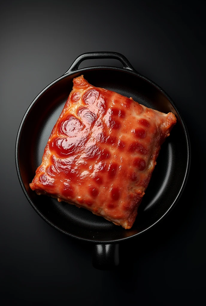 A large piece of Dongpo pork is sitting in a black ceramic pot.，simple，Movie Lighting，专业photography，Studio Lighting，Black desktop background，photography，Intricate details，Ultra Detail，Hyper-photorealism，8K Ultra HD （（Top-down view，Top view, bird's eye view））