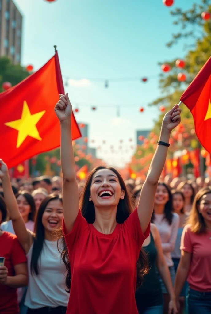 Vietnamese people on liberation day raised their hands and waved flags, smiling happily, size width 600 pixcel, height 1200 pixcel