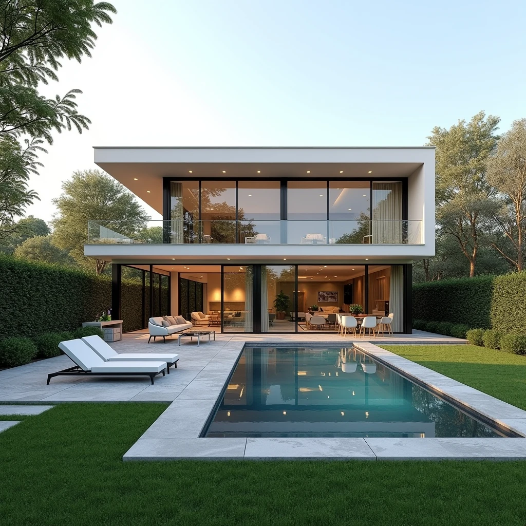Here’s a prompt for creating a modern and realistic home design picture:

"Design a modern and realistic home situated on a 10,000 square feet property. The home features sleek, contemporary architecture with large glass windows, clean lines, and a minimalist aesthetic. In the backyard, there is a luxurious swimming pool surrounded by a stylish deck with sun loungers and a small seating area. Within the boundary wall, there is a beautifully landscaped mini park, complete with manicured lawns, small flowering trees, and stone pathways. The park also includes cozy benches and a small water feature, creating a serene outdoor retreat. The overall design emphasizes open space, natural light, and a harmonious connection between the indoor and outdoor environments."