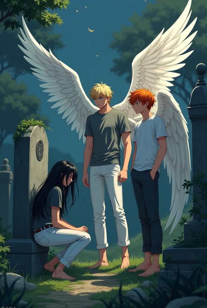 1 character: A guy with long black hair, gray eyes, Beautiful face, Beautiful skinny body, black T-shirt, black trousers, sad, sitting in a graveyard in front of a headstone. 2 characters are a guy: blond, Beautiful, Pumped up body, in a gray shirt and white pants with large angel wings and brown eyes. 3 characters: guy with orange hair, in a white T-shirt and dark gray pants, Blue eyes, Large angel wings. anime art, masterpiece, realistically, super detail, Hand detailing,