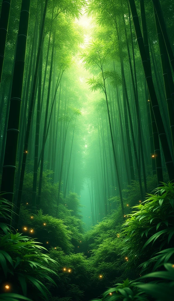 Top view, bamboo forest,Enchanted by nature, Glowing green, Leaves and magic.fair!!!!!!!!!, Green blessings, Natural and realistic rendering.Foreground illuminated by fireflies.Best Works. anatomically correct.Scenery background(best quality,4K,8k,High resolution,masterpiece:1.2),Super detailed,(actual,photoactual,photo-actual:1.37),