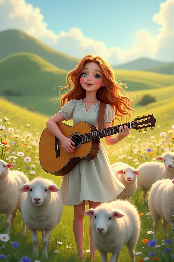 A beautiful girl, herding a flock of sheep, plays the guitar and sings.