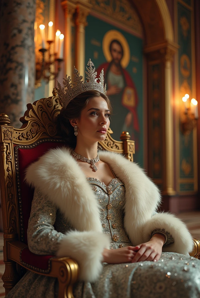 A Russian empress in an elegant, fur-lined gown with a kokoshnik (traditional Russian headpiece). She is seated on a throne within a grand hall, with towering columns and Orthodox iconography in the background.