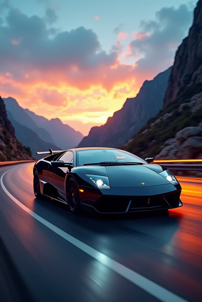 Capture the essence of speed and luxury with a Lamborghini murcielago racing through a winding mountain road at dusk. Showcase its (sleek:1.3) and (aerodynamic:1.2) silhouette, (striking:1.1) angular design, and (glossy:1.1) paint. Illuminate the scene with vibrant colors and dynamic lighting to convey a sense of exhilaration.