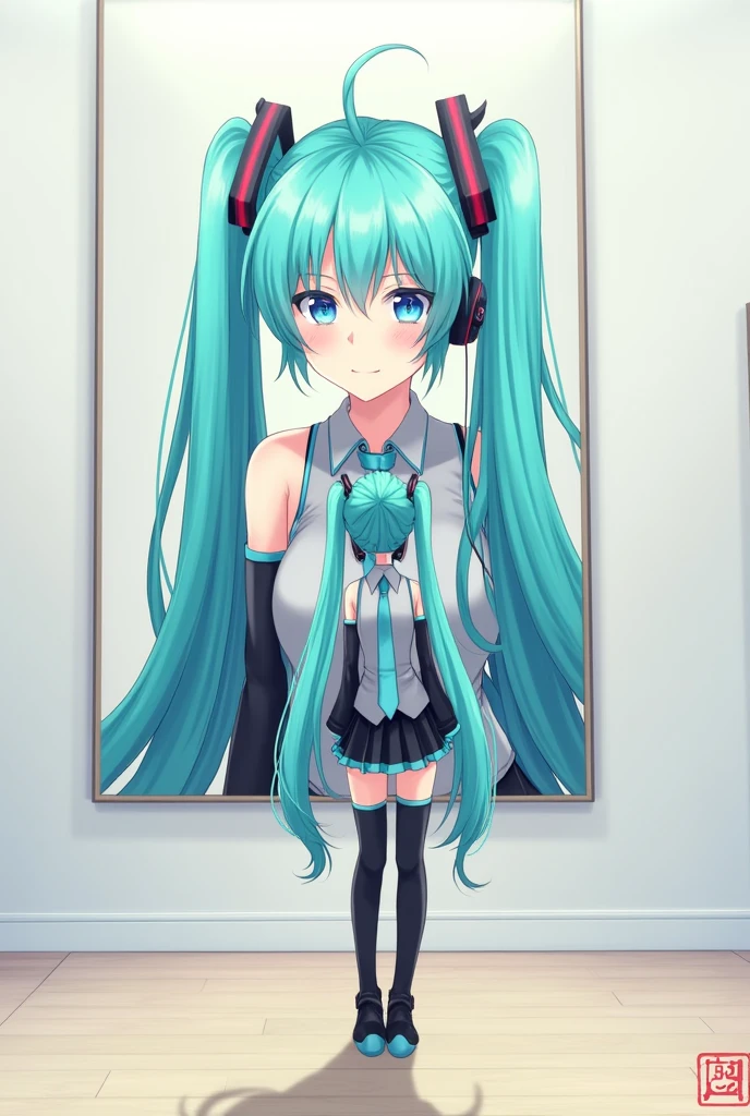 Anime art, anime style, detailed drawing, white background, high definition, high quality, one girl, solo, Hatsune Miku, aqua hair, twin tails, head ornament, headphones, number tattoo "01" (red, located on her left hand), grey sleeveless collared shirt, black detached sleeves with aqua lines, five fingers with aqua nails, aqua necktie, black pleated mini skirt with aqua lines, zettai ryouiki, thigh-high black boots with aqua lines.
Anime art, anime style, detailed drawing, white background, high definition, high quality, one girl, solo, Hatsune Miku, aqua hair, twin tails, head ornament, headphones, number tattoo "01" (red, located on her left hand), grey sleeveless collared shirt, black detached sleeves with aqua lines, five fingers with aqua nails, aqua necktie, black pleated mini skirt with aqua lines, zettai ryouiki, thigh-high black boots with aqua lines.
Miku Hatsune in the museum is looking at a painting herself on the wall.