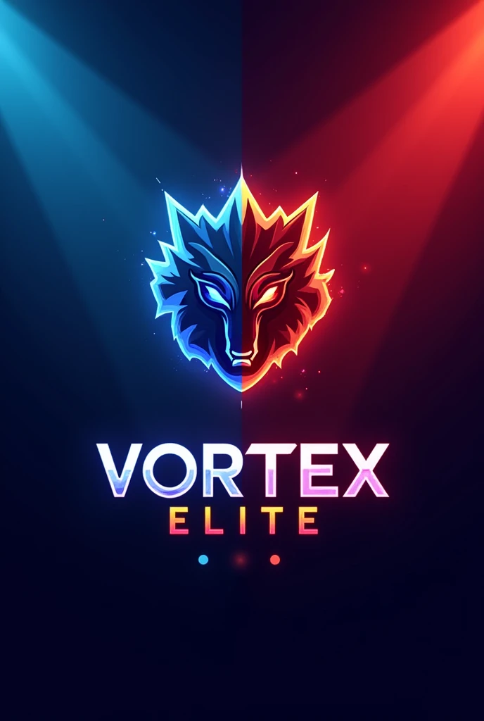 Esports logo Imagine a logo with a background consisting of two primary colors.: blue on the left and red on the right, forming a smooth gradient or transition in the middle. In the middle of the logo, there is a dynamic vortex or whirl symbol, seperti tornado atau spiral yang menggambarkan energy dan gerakan.Under the vortex symbol, there is an abstract wolf head shape, not a literal representation, but rather more of a geometric or stylized form that resembles a wolf&#39;s head, with sharp lines and angles to give an impression of strength and sharpness. This shape should be balanced and well integrated with the vortex symbol above it..At the bottom of the logo, there is a name "Vortex Elite" written in a bold and modern font. The font should be easy to read with special effects such as shadows or glows to highlight the team name.. The font color can use a contrasting shade to the background to make it easy to see..Overall, This logo should convey an impression of strength., energy, and professionalism, with complementary and harmonious design elements.