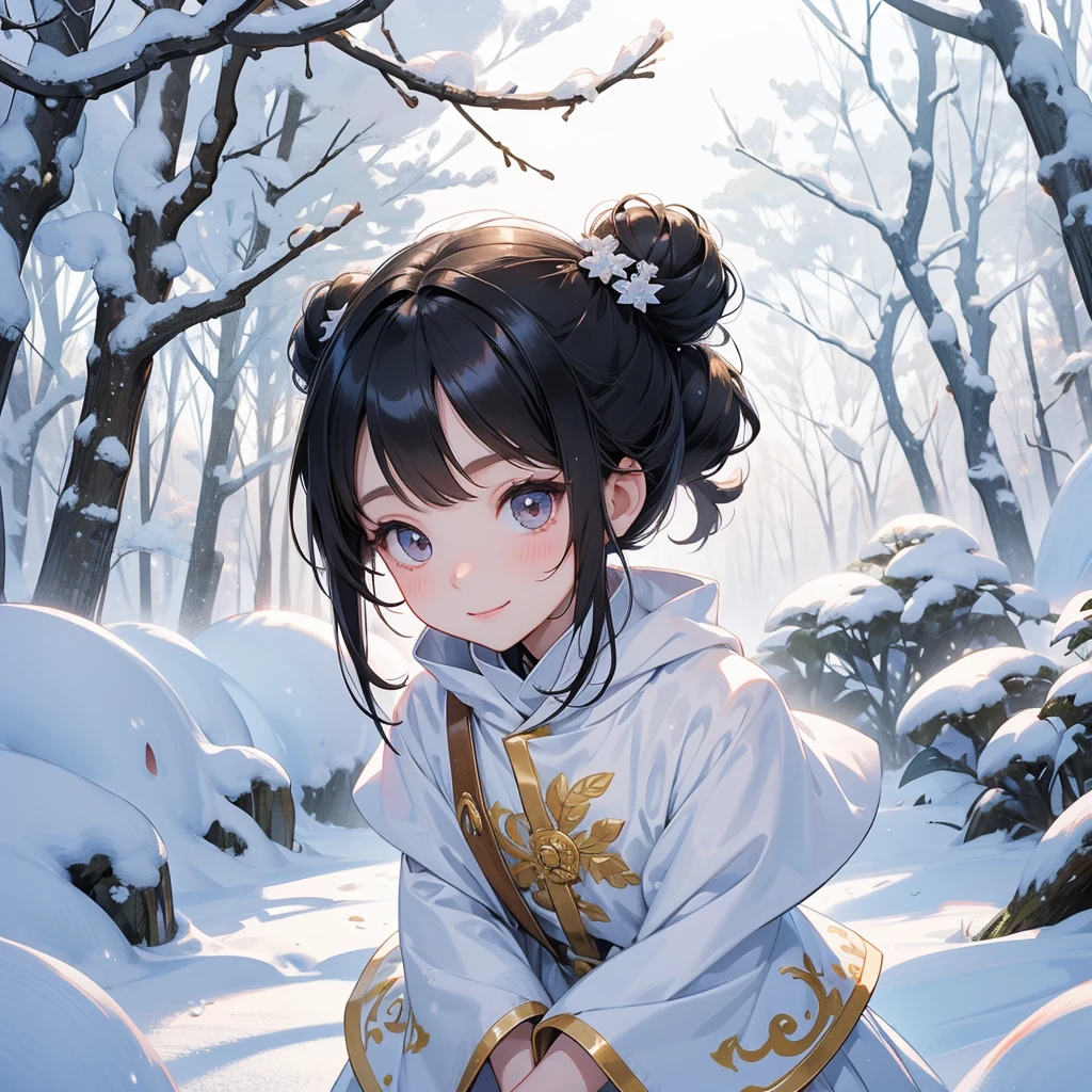 A chibi child girl had a small face and wearing a silver-gold little tourist priest’s outfit, a pair of big round eyes shone with curiosity about him. This child was so cute, her hair is black with buns on her hair. Small chibi , chibi baby, smiling , chibi.

Walking in a forest covered in white snowstorms. A very strong blizzard The trees were completely covered with white snow.