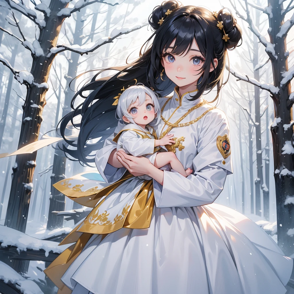 A chibi child girl had a small face and wearing a silver-gold little tourist priest’s outfit, a pair of big round eyes shone with curiosity about him. This child was so cute, her hair is black with buns on her hair. Small chibi , chibi baby, smiling , chibi.

Walking in a forest covered in white snowstorms. A very strong blizzard The trees were completely covered with white snow.