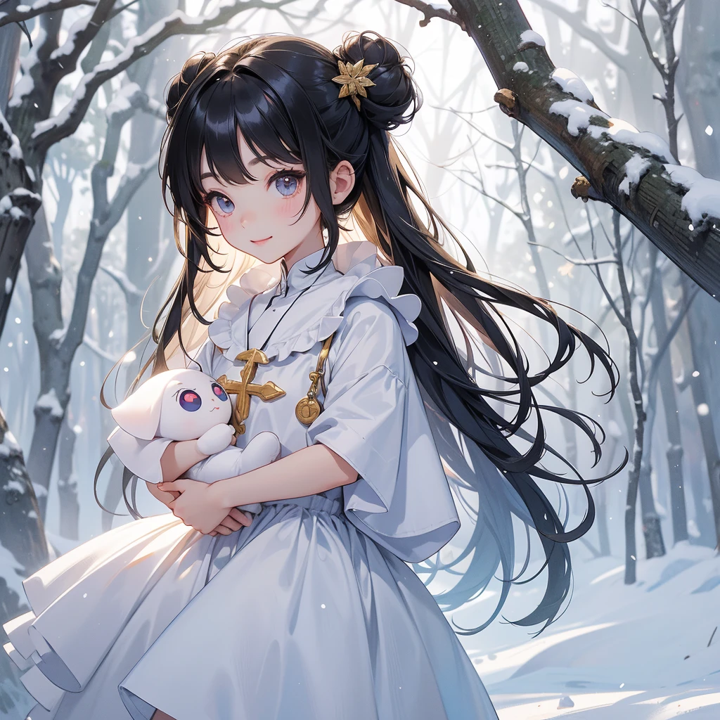 A chibi child girl had a small face and wearing a silver-gold little tourist priest’s outfit, a pair of big round eyes shone with curiosity about him. This child was so cute, her hair is black with buns on her hair. Small chibi , chibi baby, smiling , chibi.

Walking in a forest covered in white snowstorms. A very strong blizzard The trees were completely covered with white snow.