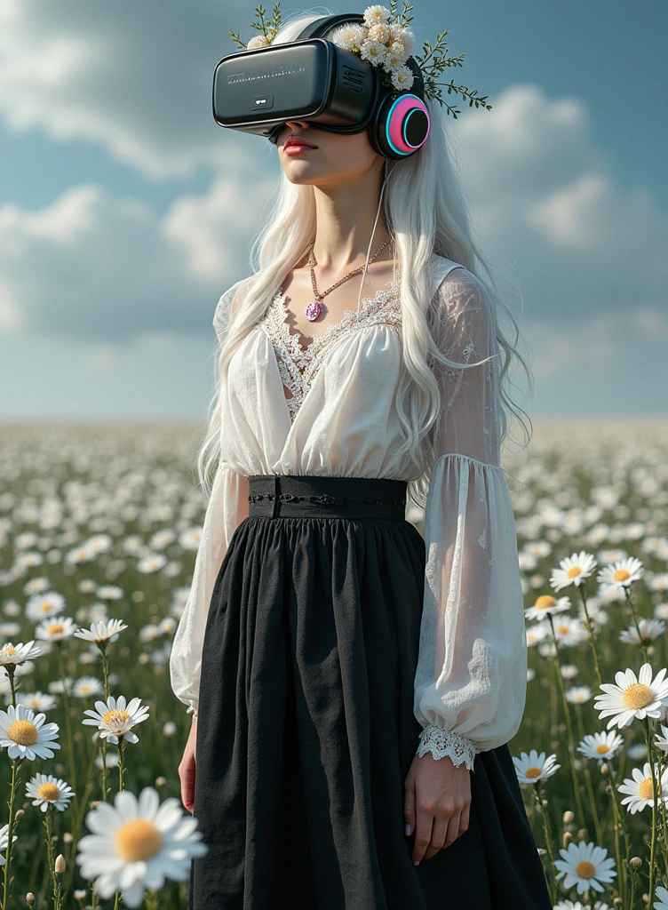 [Vision:1.0]，[Wide Angle:1.0]，future world，Cyberpunk，Hyperrealistic rendering，A girl wearing VR glasses and pure white Gothic chiffon lace translucent design clothes，Headphones decorated with flowers，It looks very refined，Her hair is pure white，She wears a necklace made of white flowers around her neck，She is surrounded by white flowers。The background is a blurry sky，Gives a dreamy feeling，The overall color is white, gray and black，Peaceful and mysterious atmosphere，Cyberpunk，The influence of futurism，Technology elements，Natural Beauty，Surreal，Art work，Perfect composition，Ultra HD，(Look directly at the audience:15)，Surreal主义，uhd，masterpiece，precise，Anatomically correct，Textured Skin，Super Detail，8k