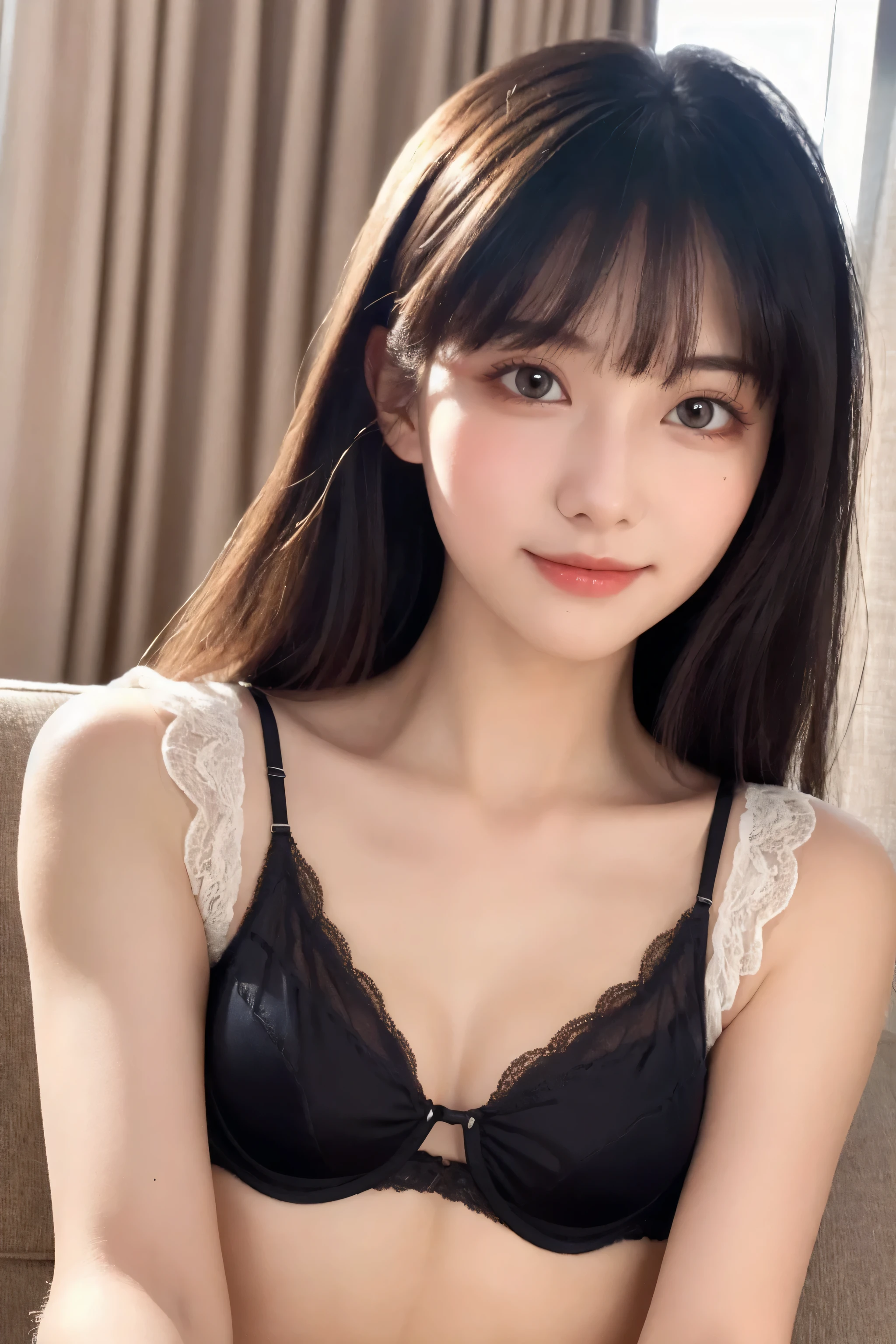 (8k, RAW Photo, Best Quality, Masterpiece:1.2), table top, Ultra Detail, Super Resolution, (Realistic, Realistic Photo:1.37), Portrait, High Detail RAW Color Photo, Professional Photo, Extremely Detailed and Beautiful, Extremely detailed, 8k wallpaper, amazing and detailed, huge file size, official art, highly detailed CG unity 8k wallpaper, highly detailed beautiful girl, highly detailed face, highly detailed eyes, highly detailed skin, highly detailed fingers, highly detailed nose, very detailed detailed mouth , perfect anatomy, highly detailed background, highly detailed clothes, 1girl, 17 year old girl, cute girl, realistic body, fair skin, glowing skin , slim body, handsome body, black hair , semilong hair, (blunt bangs:1.2), smile, cute, youthful, cute face, realistic face, delicate eyes, drooping eyes, looking at viewer, facing front, standing posture, Contraposto, dynamic lighting, ((face closeup)), (medium chest), (Perfect Body Proportions), (slender Body Proportions), (bedroom), super sexy pose, ((colorful lingerie)), 