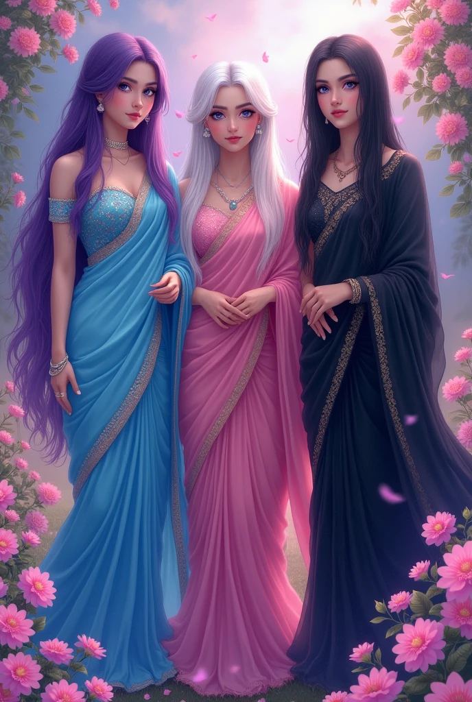 Beautiful girls, with skyblue sari,pirpal eyes, long pirpal hair, pink sari,skyblue eyes, white hair, black sari,pink eyes long black hair. 