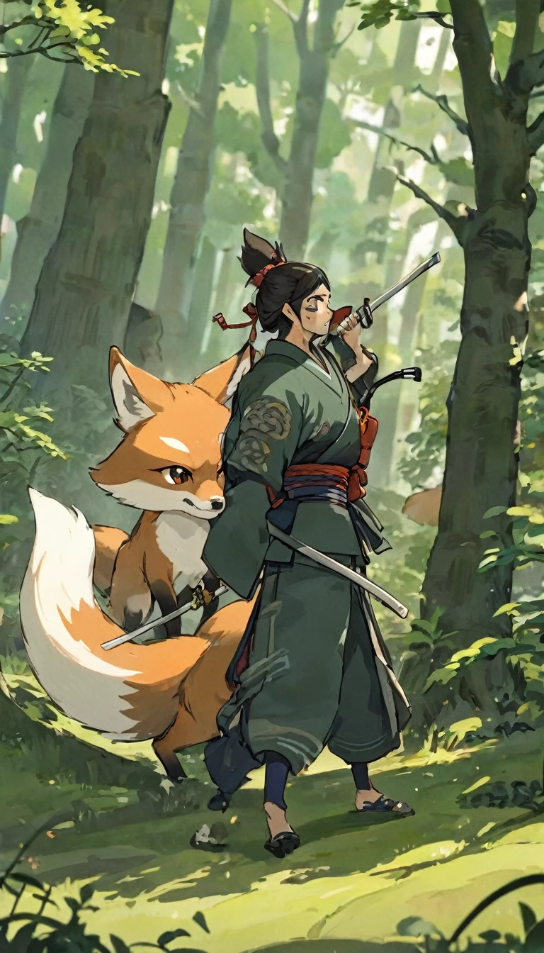 A samurai spotting a fox, his expression twisted in anger, the fox just out of reach, as if taunting him, the forest around them seems to reflect his boiling frustration.