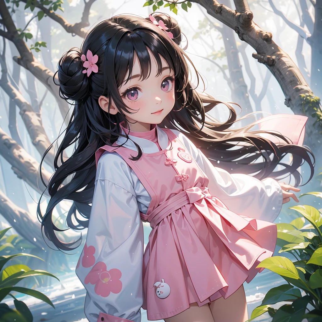 A chibi child girl had a small face and wearing a pink little tourist priest’s outfit, a pair of big round eyes shone with curiosity about him. This child was so cute, her hair is black with buns on her hair. Small chibi , chibi baby, smiling , chibi.
Walking in a forest covered in white snowstorms. A very strong blizzard The trees were completely covered with white snow.