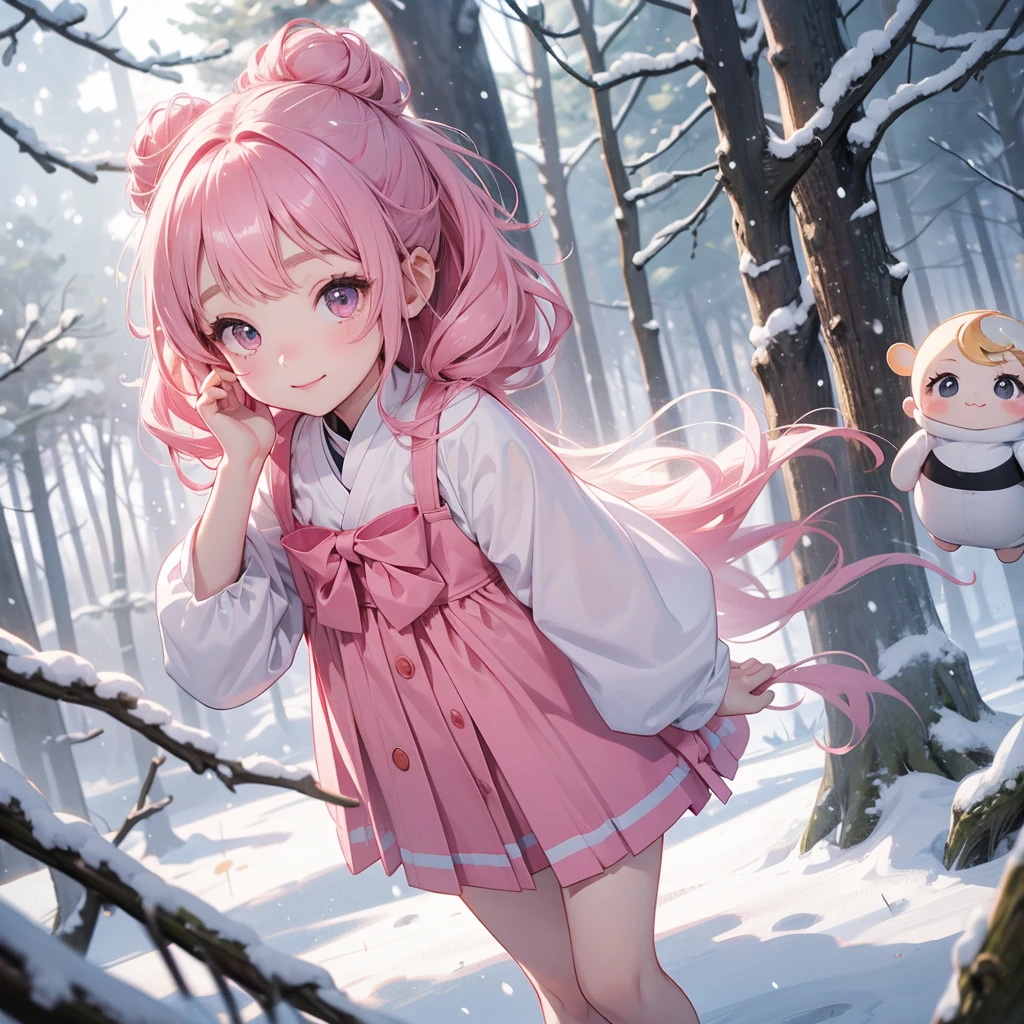 A chibi child girl had a small face and wearing a pink little tourist priest’s outfit, a pair of big round eyes shone with curiosity about him. This child was so cute, her hair is black with buns on her hair. Small chibi , chibi baby, smiling , chibi.
Walking in a forest covered in white snowstorms. A very strong blizzard The trees were completely covered with white snow.