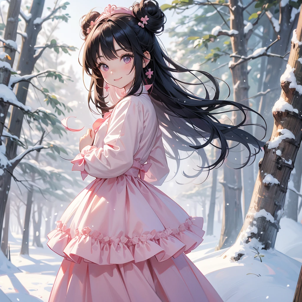 A chibi child girl had a small face and wearing a pink little tourist priest’s outfit, a pair of big round eyes shone with curiosity about him. This child was so cute, her hair is black with buns on her hair. Small chibi , chibi baby, smiling , chibi.

Walking in a forest covered in white snowstorms. A very strong blizzard The trees were completely covered with white snow.