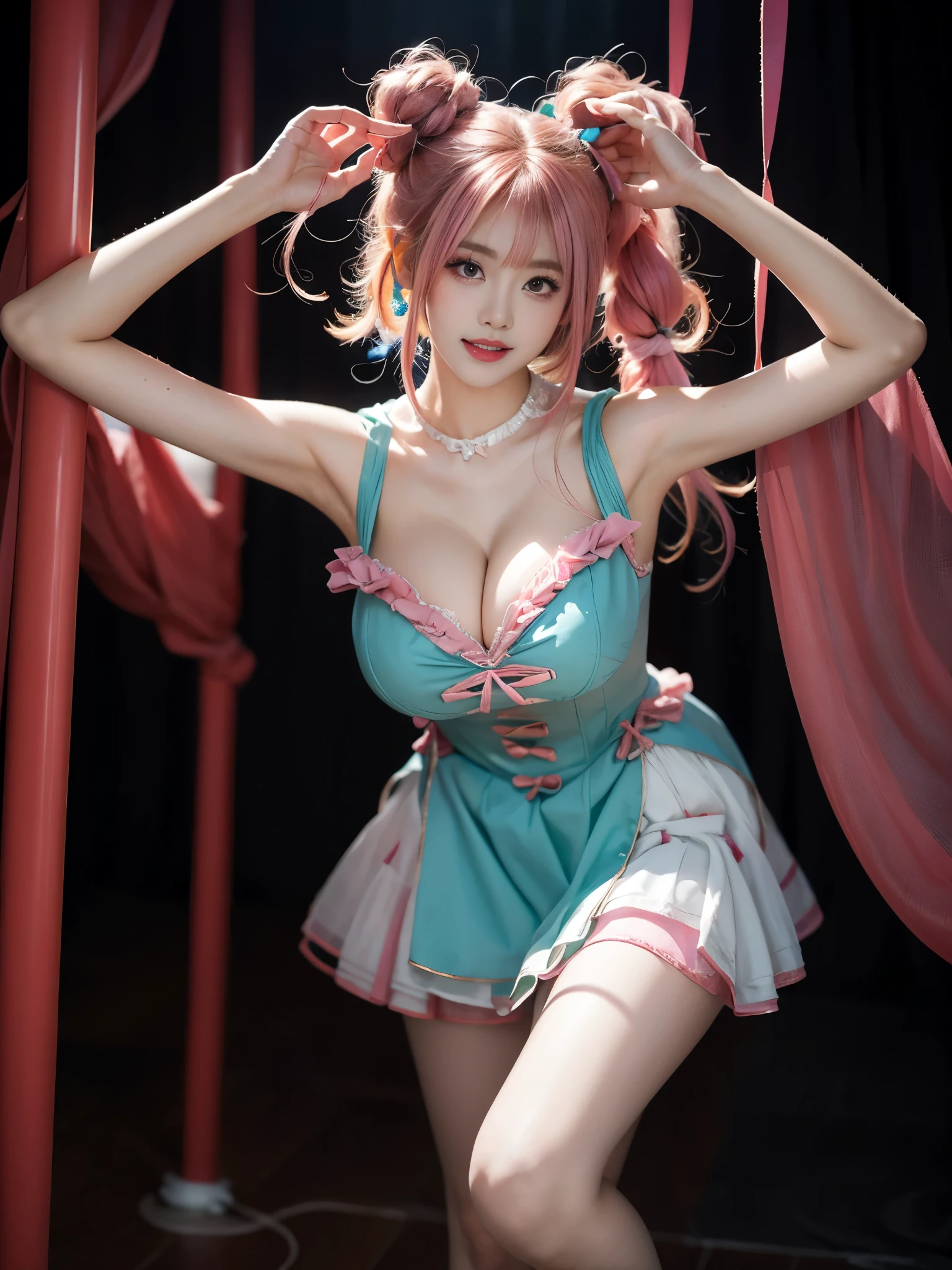 sweet_dress ((Sexy long legs)), ((Full breasts, Visible cleavage)), Sweet maiden, sweet smile, Variety of slim and cute beauties, Slender figure, Multi-colored hair，Striped hair，Cross Bangs，Messy hair，Colored contact lenses，Flower-shaped pupil，make up，shy，Blush，Parted lips，Heavy breathing，moan，torogao，Surrealism，Realism，Movie Lighting，Relief，Sony FE GM，Retina，masterpiece，precise，Anatomically correct，Textured Skin，Super Detail，High Detail，best quality，Beautiful dance dynamics, Bright pastel colors, Visible cleavage, Pretty and beautiful, Sexy long legs, Ethereal,Mixing reality and fantasy elements, Complex patterns, rich and colorful