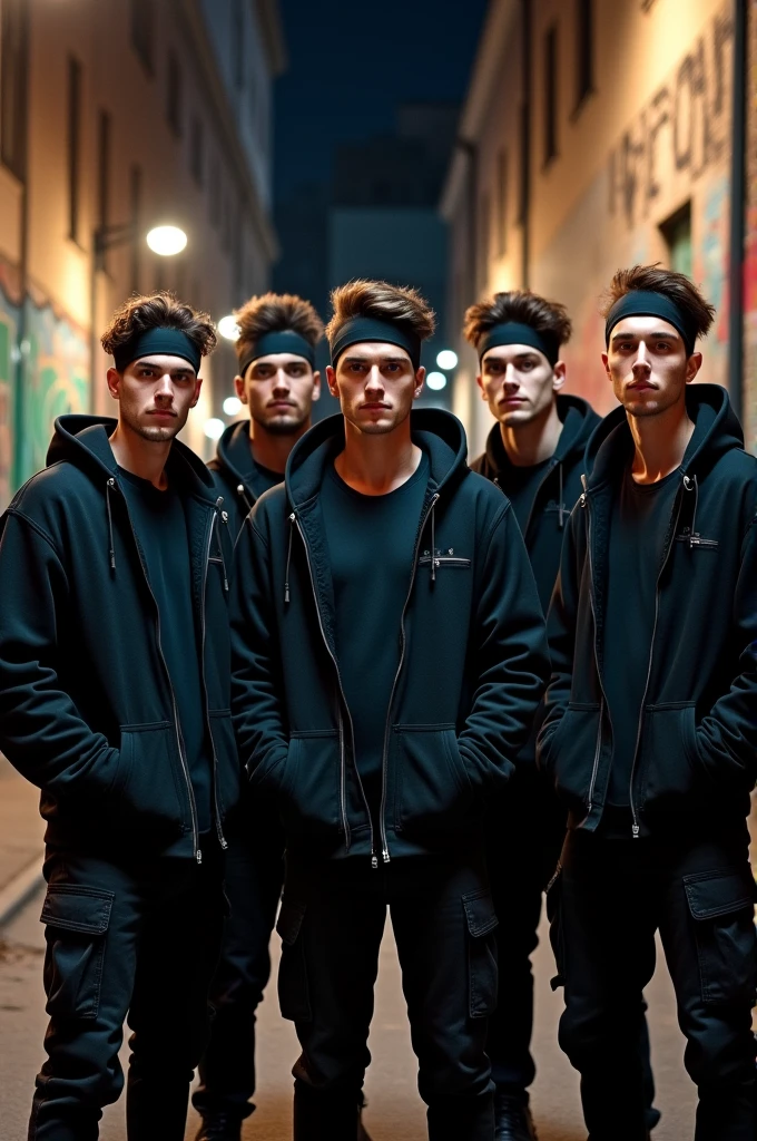 Men wearing black T-shirt black hoodie zip open and cargo black pant and black head band
