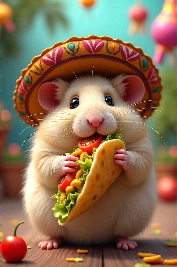Fat hamster eating a taco with Mexican hat