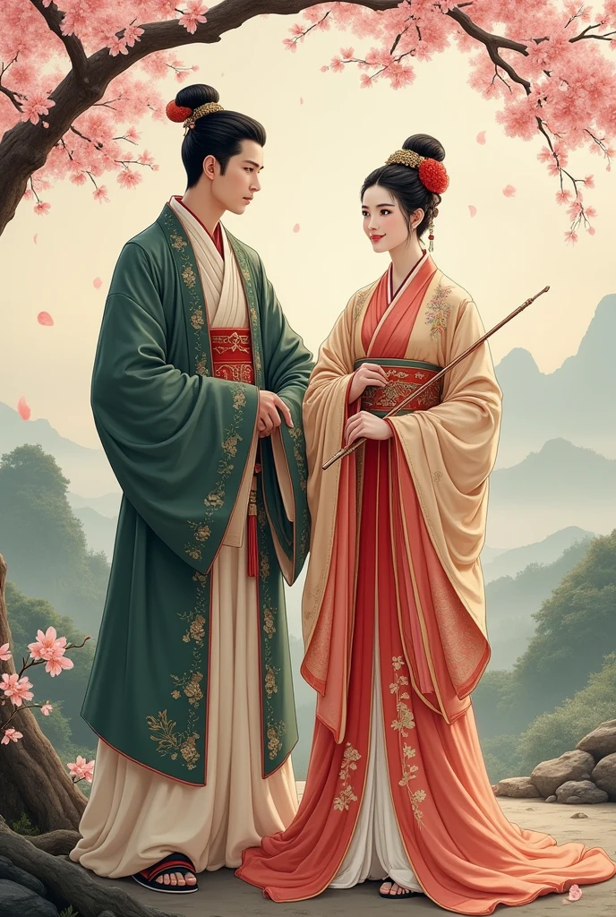 A young Chinese guard stands beside a Chinese woman in an ancient Chinese painting style. A large red fortune stick and a bamboo stick are in the woman&#39;s hands.