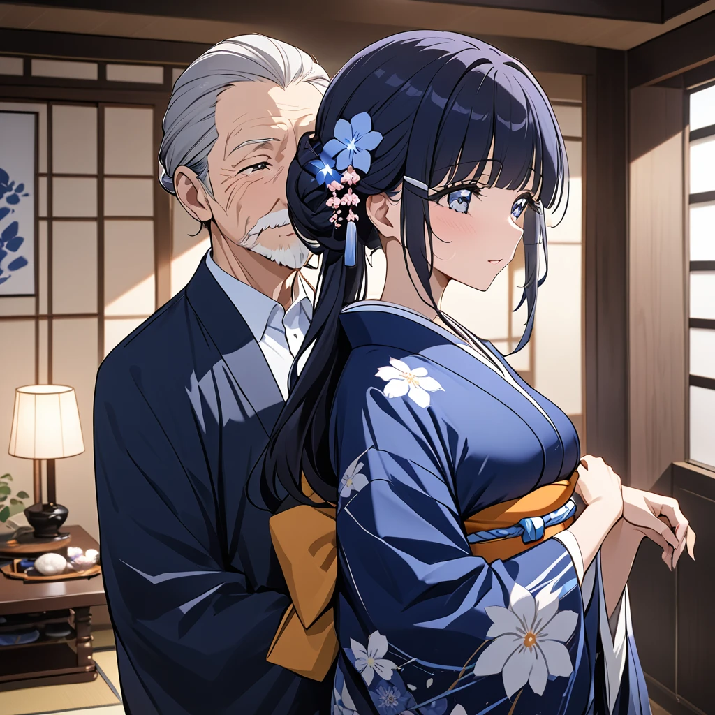 ((Highest quality)), ((masterpiece)), (detailed), (Perfect Face)、The woman is Aoki Reika, with midnight blue semi-long hair, wearing a luxurious and glamorous kimono for a formal occasion, her hair styled in a Japanese way, and she is wearing an engagement ring.、A woman is wearing a formal kimono in a Japanese-style room, snuggling up to an elderly man.、The woman is dressed in a traditional Japanese kimono and stands by her elderly husband as a wife.、The old man is wearing an engagement ring