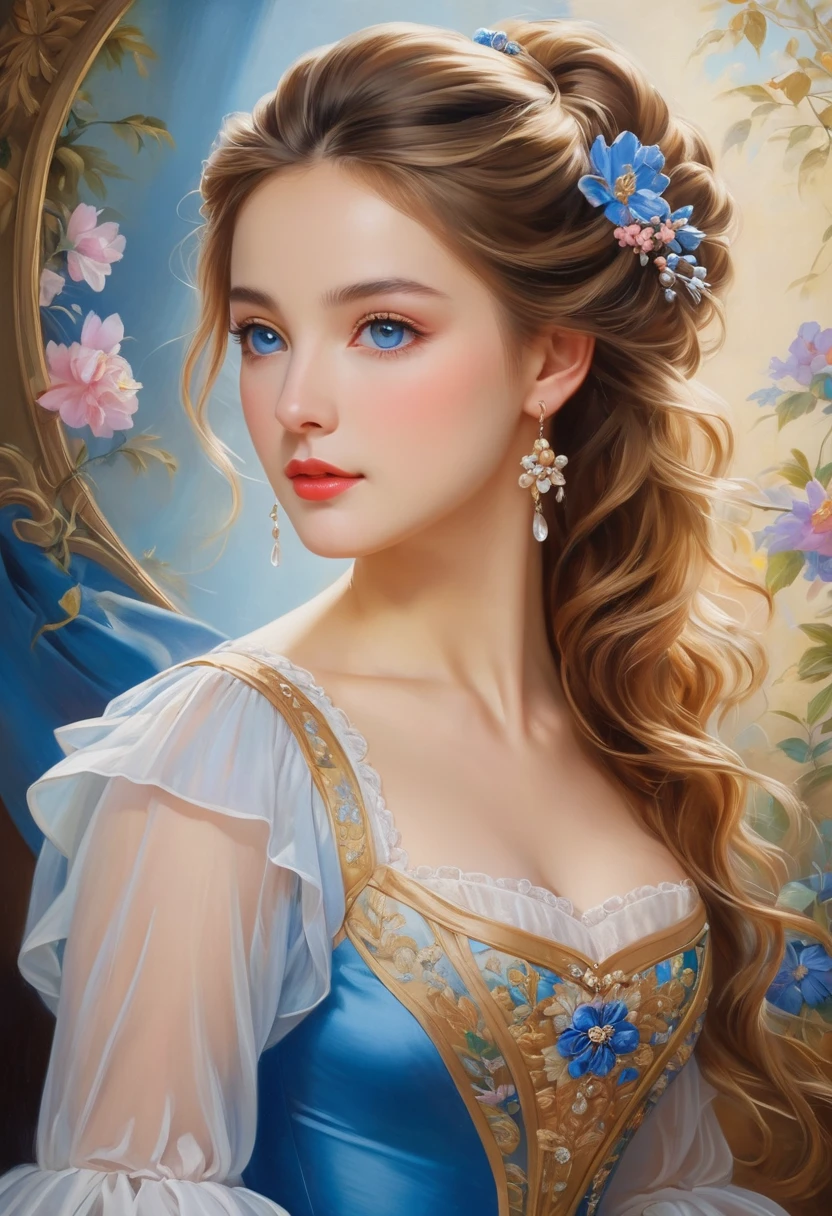 (High resolution,masterpiece:1.2),(Realistic:1.37)"(Highest quality, High resolution, Very detailed, Realistic),A beautiful portrait of a French ballet dancer from the 19th century., (She is half French and half Japanese., She is a beautiful woman with deep blue eyes and a high nose.:1.1), Exquisite ballet costumes, Detailed facial features, Long and graceful neck, Flowing locks of hair, Calm and elegant posture, Soft and delicate lighting, Classical Oil Painting Medium, Vibrant colors, Delicate background with floral motifs", Dreamy atmosphere, Surrealism,Mysterious Aura