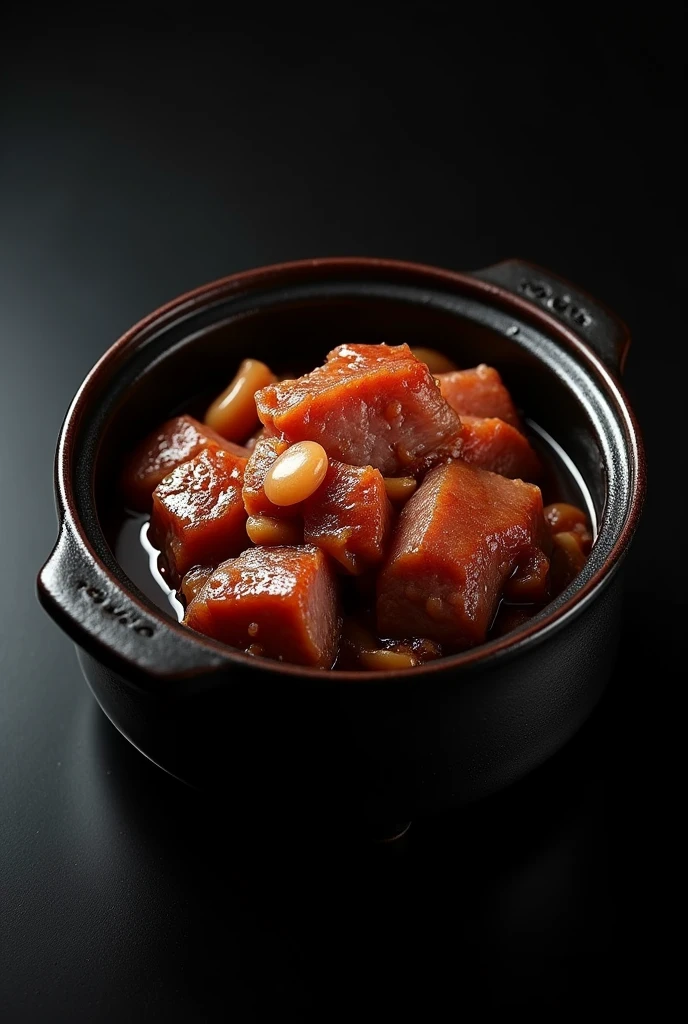 A black ceramic pot is filled with Dongpo pork.,simple,Movie Lighting,专业photography,Studio Lighting,Black desktop background,photography,Intricate details,Ultra Detail,Hyper-photorealism,8K Ultra HD ((Top-down view,Top view, bird's eye view))