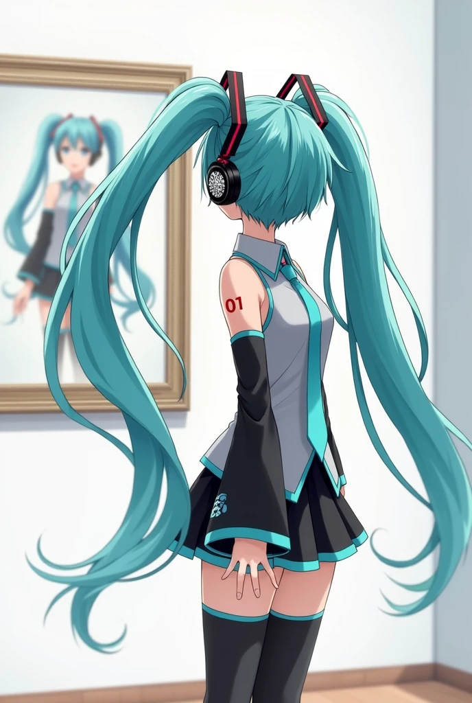 Anime art, anime style, detailed drawing, white background, high definition, high quality, one girl, solo, Hatsune Miku, aqua hair, twin tails, head ornament, headphones, number tattoo "01" (red, located on her left hand), grey sleeveless collared shirt, black detached sleeves with aqua lines, five fingers with aqua nails, aqua necktie, black pleated mini skirt with aqua lines, zettai ryouiki, thigh-high black boots with aqua lines.
Anime art, anime style, detailed drawing, white background, high definition, high quality, one girl, solo, Hatsune Miku, aqua hair, twin tails, head ornament, headphones, number tattoo "01" (red, located on her left hand), grey sleeveless collared shirt, black detached sleeves with aqua lines, five fingers with aqua nails, aqua necktie, black pleated mini skirt with aqua lines, zettai ryouiki, thigh-high black boots with aqua lines.
Miku Hatsune in the museum is looking at a painting herself on the wall.